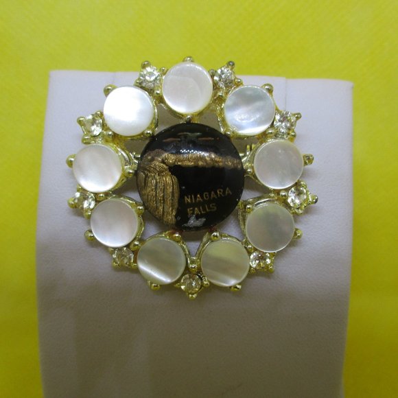 Niagra Falls Reverse Glass Rhinestones Mother Of Pearl Brooch - Picture 3 of 8